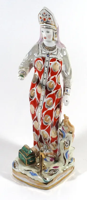 A Russian porcelain figurine Mistress of the Mine By Dulevo, printed marks to base, height 33cm