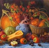Pumpkins, persimmons, and dried leaves oil, canvas.