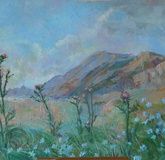 Mountains with thistles. Cardboard, oil.