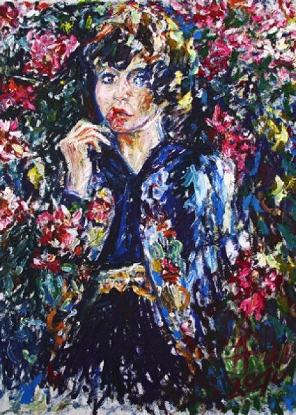 "Девушка в окружении цветов" холст, масло, смешанная техника 