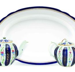 Two Russian Porcelain Teapots, Kuznetsov,each of spherical form with cobalt, floral and gilt