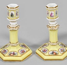 A few candle holders with Watteau and floral decoration.