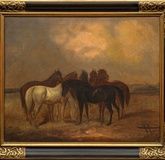Brilliant style of painting: cloudy sky and wild horses.
