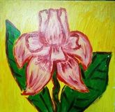 Pink iris on a yellow background; -acrylic on hardboard-