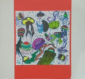 "Meduzy" colored markers, black pen, watercolor paper.