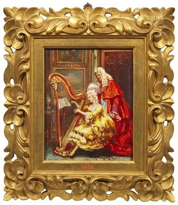 Harfist in the palace interior: a young lady plays the harp with reverence, while her teacher listens to the sounds. A representative cabinet portrait of Tordis, a student of Salvador Sanchez Barbudo in Rome.