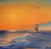 Sea, oil sunrise, canvas on cardboard.