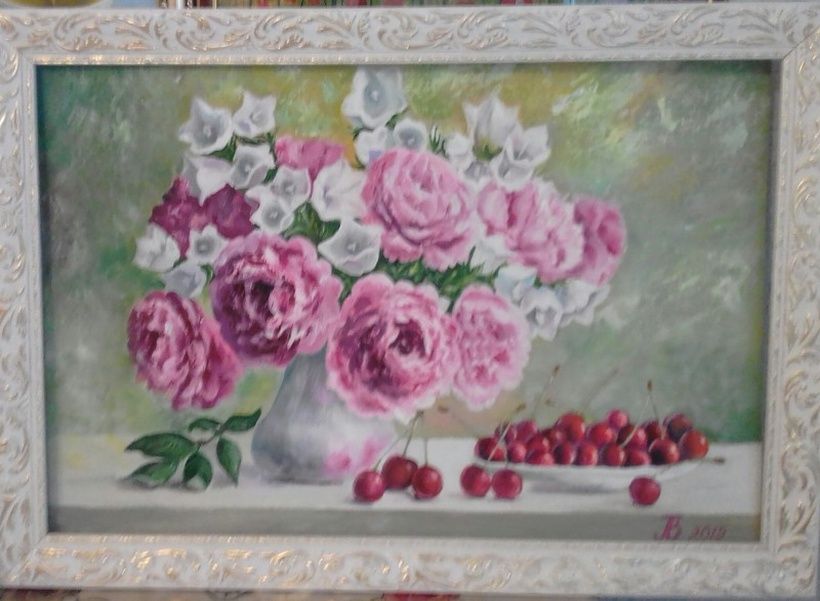 "Bouquet of pink peonies" still life canvas, oil, pastel, frame