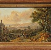 Arcadian Italian landscape with figures: an atmospheric painting in the style of Nicolaes Berchem and Jan Both.