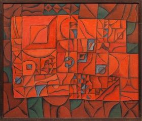 "Composition in Red: reduced brightness of colors and ornamental-geometric abstraction."