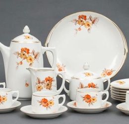 Porcelain tea - coffee set for 5 persons - teapot; cream pot; sugar-basin; 5 cups; a serving dish; two size of saucers