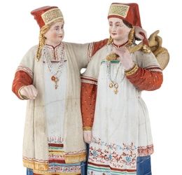 A RUSSIAN PORCELAIN FIGURE OF TWO MORDOVIAN WOMEN, FROM THE "PEOPLE OF RUSSIA’ SERIES", DMITROVSKAYA PORCELAIN FACTORY, KUZNETZOV, LATE 19TH-EARLY 20TH CENTURY