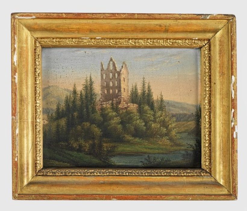 Active 19th-century artist: landscape with a ruined castle in a hilly, forested river landscape.