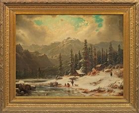 Иоганн Вильгельм Ширмер: Зимний альпийский пейзаж с фигурами и фермой