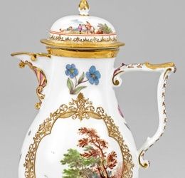 Magnificent Meissen coffee pot with painting by