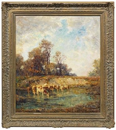 "Late summer: a view of a sunlit landscape with trees and a small herd of cows near a water source, inspired by Heinrich von Zigel."