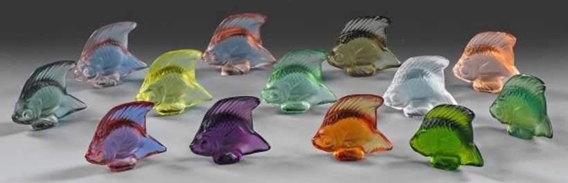 Collection of thirteen Lalique "Poisson" fish figurines.