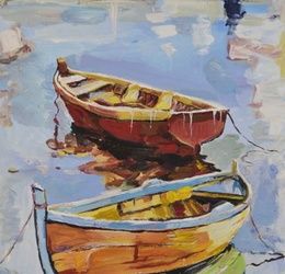 Boats painted with tempera, canvas on cardboard.