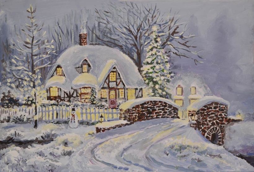 "Winter House" tempera, canvas on cardboard.