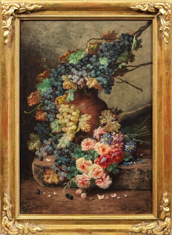 "Фрукты и цветочный натюрморт: винные лозы, розы и хризантемы в живописном порядке"