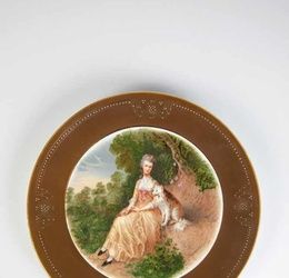 A porcelain plate. Tver, Kuznetsov, circa 1870 (plate), print 20th century. Round stand.Print