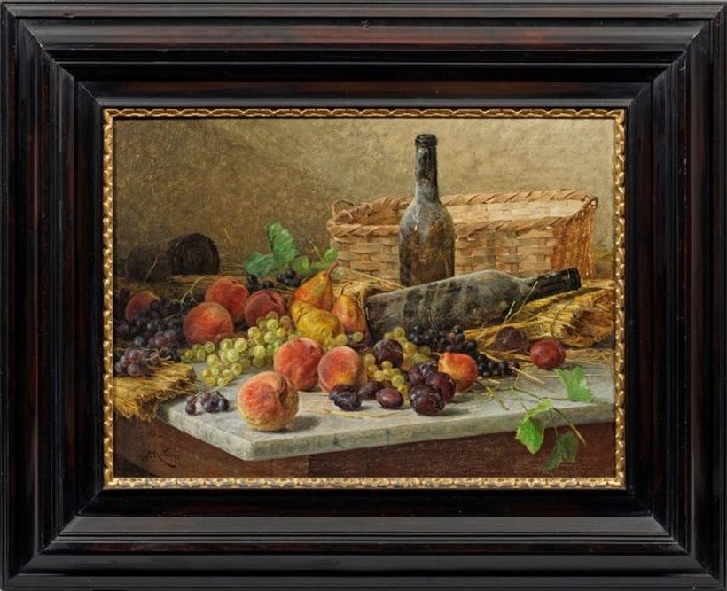 "A rare still life with fruits and bottles of wine: a realistic work by Montezzo."