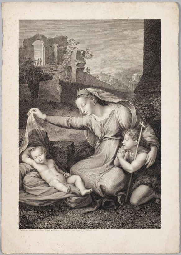 "Copper engraving by Filippo Shéri, 1805, after Raphael's painting, engraving by François-Robert Ingouf."