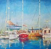 Yachts at the dock, oil, canvas.