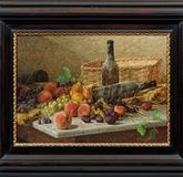 "A rare still life with fruits and bottles of wine: a realistic work by Montezzo."