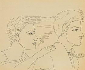 "Unnamed double portrait of a young couple with hair blowing in the wind: ink on paper, signed and dated 1988 year."