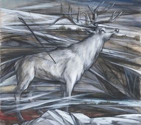 "Elk struck by an arrow" from the series "Cossack Glory", watercolor, ink, whitewash, tinted paper.