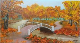 Bridge in autumn leaves. Canvas, oil.