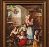 Playing children create soap bubbles: a genre painting from the Munich School with an atmospheric mood.