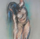 Bent over naked pastel, paper.