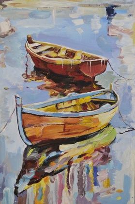 Boats painted with tempera, canvas on cardboard.