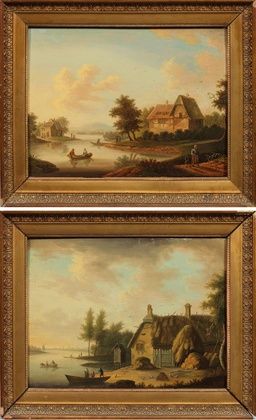 Ideal landscapes of the 1800s: a Dutch windmill house and a German coastline with a mountain.