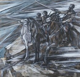 "The Oath of the Cossacks before the Battle" from the series "Cossack Glory" in watercolor, ink, white paint, tinted paper"
