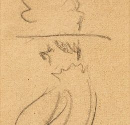 "Widow Bolte at the Ball: an original depiction of a lush lady with a big hat in profile"