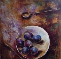 Blue fruits on a white plate canvas/oil