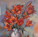 Orange lilies canvas, acrylic, tempera