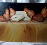 The painting "Pears on the table" is a canvas on a stretcher, oil on canvas.