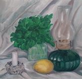Still life with lemon and parsley oil, canvas on cardboard.