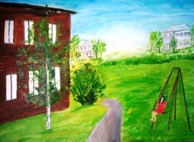 Old country houses. Paper, oil.