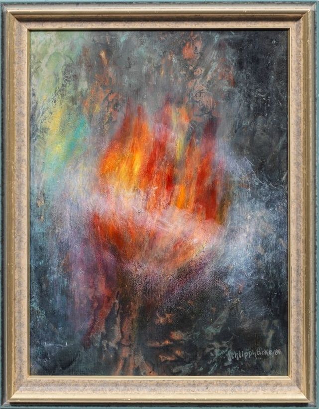 "Unnamed abstract composition with a central motif of fire: oil on wooden panel, signed and dated (19)84. Approximate size is 40.3 x 31 cm. In a frame."