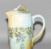 RUSSIAN MS KUZNETSOV HAND PAINTED PORCELAIN CREAMER - lidded creamer, floral and foliage decor, cream & green ground; mark on base, 8''H - Condition: Some wear to paint along edge