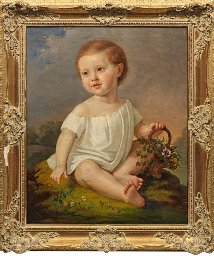 Маленький ребенок с корзинкой цветов: чувствительное позднебидермейерское полотно