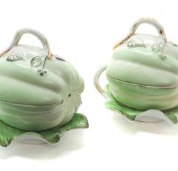 Two Russian Porcelain Covered Bowls, Kuznetsov,each in the form of a melon, having an attached