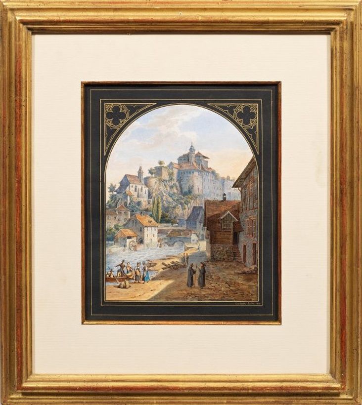 "Romantic painting in Basel: meticulously detailed view of the city of Aarburg with figurative characters"