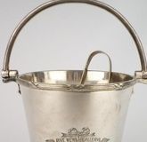 Bucket for champagne + ice tongs, silver-plated, England.