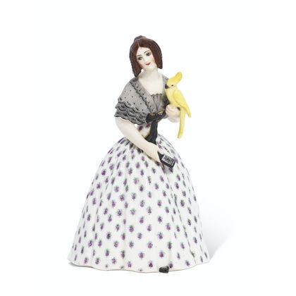 A RARE SOVIET PORCELAIN FIGURE OF A LADY WITH A PARROT (COCKATOO)